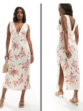 Abercrombie & Fitch *NWT Floral Lace Maxi Dress Cream Red Slip Dress Size S